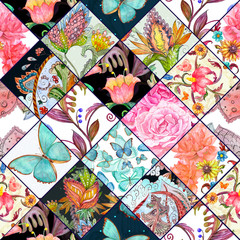 Fototapeta na wymiar motley seamless background with floral patchwork pattern. watercolor painting