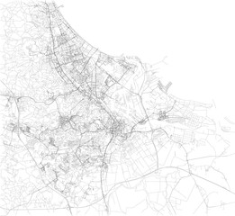 Fototapeta na wymiar Cartina di Danzica, vista satellitare, mappa in bianco e nero. Stradario e mappa della città. Polonia
