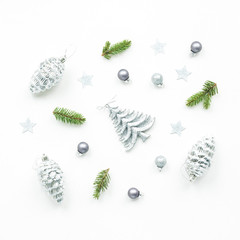 Fototapeta na wymiar Christmas decoration on white background, flat lay, top view