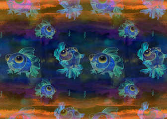 Fototapeta na wymiar Seamless background. Funny fishes on the background of watercolor. Use printed materials, signs, objects, websites, maps, posters, postcards, packaging.