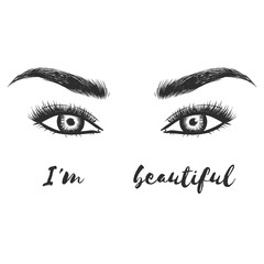 Fototapeta premium Beauty lash and brow studio logo. Typography poster. Eye, eyebrow and long eyelashes. Vector illustration for gift card. Black on white background. For beauty salon, lash extensions maker, brow master