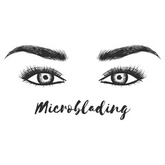 Fototapeta premium Beautiful hand drawing eyebrows for the logo of the master on the eyebrows and microblading master. Business card template.