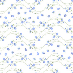 Floral seamless pattern of flax plant with flowers and buds on a white background.