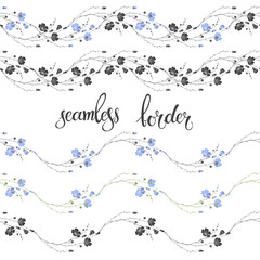 Floral seamless borders of flax plant with flowers and buds on a white background.  Five different variants.