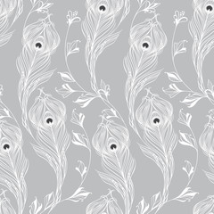 Seamless pattern with peacock feathers and flowers on  gray background. Hand-drawn monochrome vector illustration.