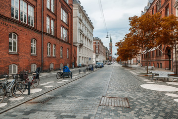 Beautiful urban autumn landscape, a street in the historic center of Copenhagen, Denmark, a trip to Scandinavian countries