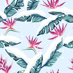 Papier peint Paradis fleur tropicale Composition enneigée de feuilles de bananier tropical bleu
