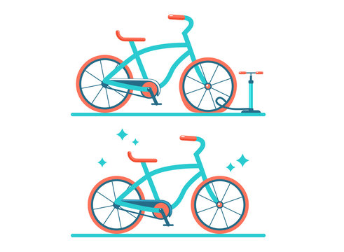 Retro bicycle vector flat illustration. Set of two bicycles