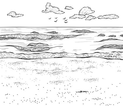 Sketch of sandy beach and wavy sea.