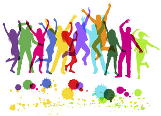 People colorful silhouettes dancing on party