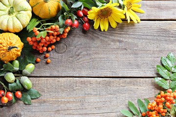 Autumn rustic background. Thanksgiving background with pumpkin, seasonal flowers and berries. Overhead view, copy space
