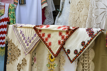 traditional bulgarian tablecloth in a shop. colorful tablecloth.