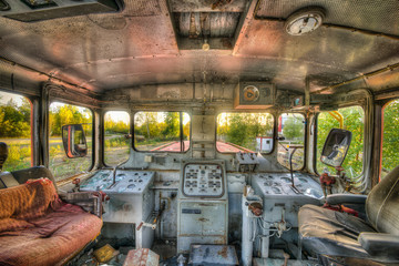 The cab of an old abandoned locomotive