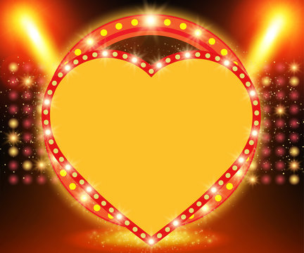 Retro Heart Banner On Stage With Spotlight Effect Background