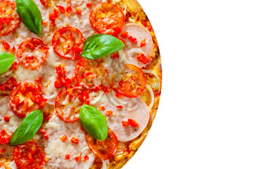 sliced Pizza with Mozzarella cheese, Ham, Tomatoes, pepper, Spices and Fresh Basil. Italian pizza isolated on white background. with copy space. top view