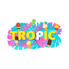 Word TROPIC composition with creative pink blue jungle leaves and ice cream on white background in paper cut style. Tropical leaf letters for poster, banner flyer T-shirt printing, Vector illustration