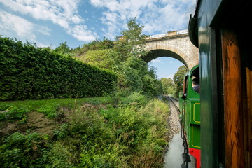 A view from window of wooden railway car of countryside, trees and grass along railway track, green and red steam engine riding through a valley under stone bridge, Czech Republic, Europe