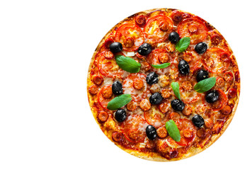 Pizza with Mozzarella cheese, salami, pepper, pepperoni, Tomatoes, olives, Spices and Fresh Basil. Italian pizza isolated on white background. with copy space. top view