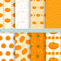 seamless patterns with pumpkins. A set of backgrounds for Thanksgiving or Hallowing. Vector illustration. Autumn theme.