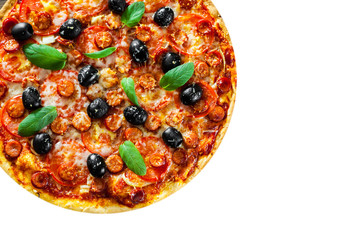 Pizza with Mozzarella cheese, salami, pepper, pepperoni, Tomatoes, olives, Spices and Fresh Basil. Italian pizza isolated on white background. with copy space. top view