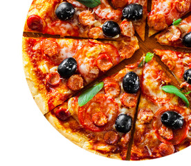 Pizza with Mozzarella cheese, salami, pepper, pepperoni, Tomatoes, olives, Spices and Fresh Basil. Italian pizza isolated on white background. with copy space. top view