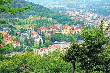 Beautiful colorful hotels and traditional buildings  from town of Karlovy Vary, Czech Republic