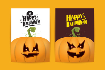 Halloween vertical cartoon posters set with Halloween scary pumpkins . Funky kids Halloween background with space for text