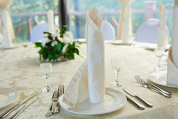 The  napkin nicely folded on the plates, serving a celebratory banquet