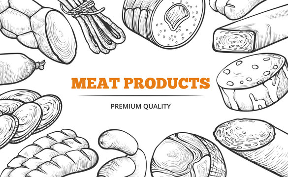 Natural sausages and meat product line art banner