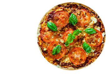 Pizza with Mozzarella cheese, Tomatoes, pepper, Spices and Fresh Basil. Italian pizza. Pizza Margherita or Margarita. isolated on white background. with copy space. top view