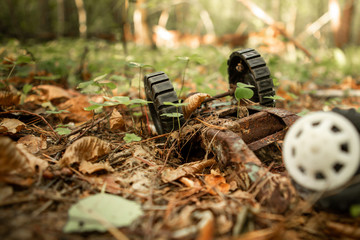 An old, abandoned toy left in the forest. Rusty, children's typewriter in the autumn foliage.
