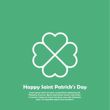 Happy Saint Patricks day card with outline Shamrock Icon. Line four leaf clover pictogram. Minimal abstract background