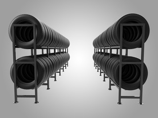 Car tires on rack. Car tires on rack. 3d illustration. © Andrei
