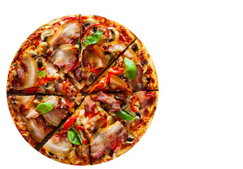 Pizza with Mozzarella cheese, mushrooms, bacon, Tomatoes, pepper, Spices and Fresh Basil. Italian pizza isolated on white background. with copy space. top view