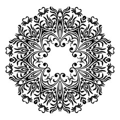 Ornamental round floral pattern. Ornament with vintage elements. Hand lace Napkin. Beautiful elegant vintage knitted lacy napkin. Table decoration or wedding invitation. Round lace pattern. Decorative