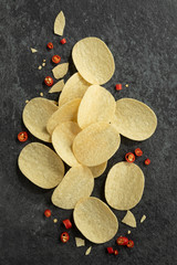 potato chip spicy flavour flat lay top view snack junk food cause of fat