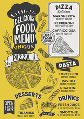 Pizza food menu template for restaurant with chefs hat lettering.