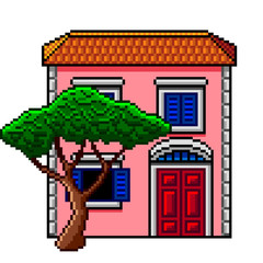 Pixel art pink italian house with stone-pine isolated vector
