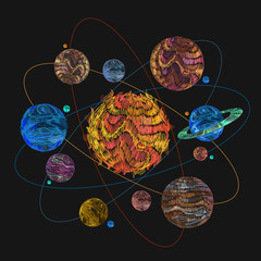 Fototapeta premium Fashionable embroidery universe solar system and planets in space, template clothes, t-shirt design, print