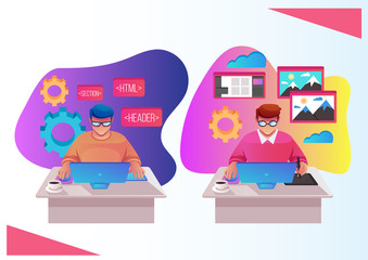 Fototapeta na wymiar Two workers man programmer and designer characters working on web site development. Programming and design concept. Vector flat cartoon isolated graphic design illustration