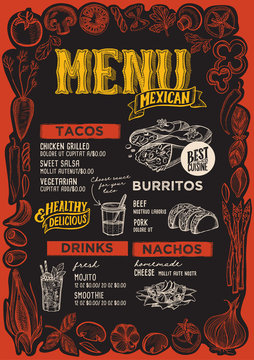 Mexican menu for restaurant with frame of graphic vegetables.