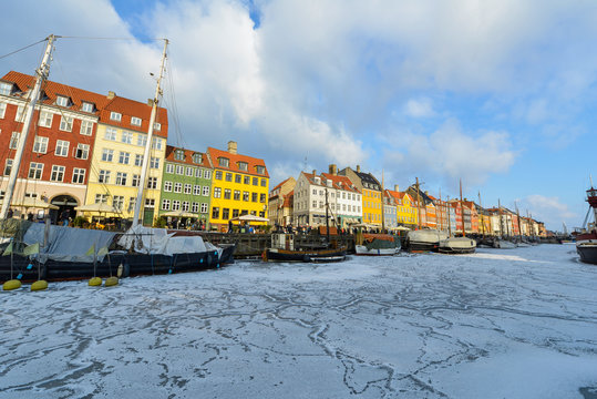 Colored Facades Of Nyhavn In Copenhagen In Denmark In Winter