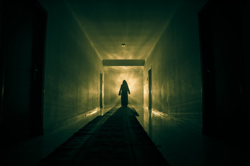 Creepy silhouette in the dark abandoned building. Dark corridor with cabinet doors and lights with...