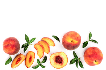 ripe peaches with leaves isolated on white background with copy space for your text. Top view. Flat lay pattern