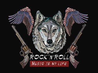 Rock n Roll embroidery, rock music print. Wolf, wings and guns, classical embroidery, music art template for clothes, textiles, t-shirt design