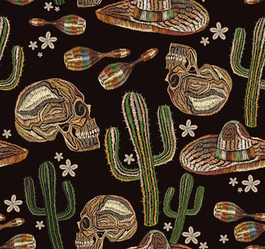 Vintage embroidery mexican culture seamless pattern art. Clothes template, t-shirt design, Human skull and maracas, cactus. Classical ethnic embroidery skull, day of the dead pattern