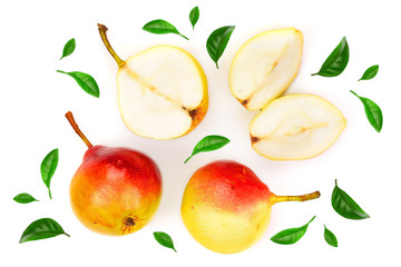 Naklejka premium ripe red yellow pear fruits isolated on white background. Top view. Flat lay pattern