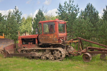 Old farm tractor in pines and fir trees before the fence