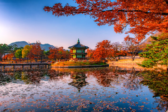 pagoda at gyeongbokgung palace in autumn Seoul South Korea