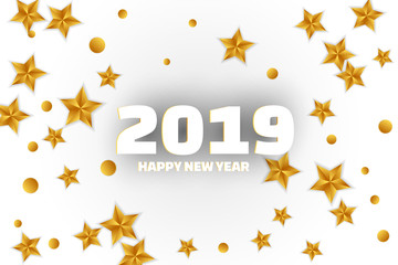 Fototapeta na wymiar 2019 Happy new Year card with scattered golden stars and bokeh lights on white background.